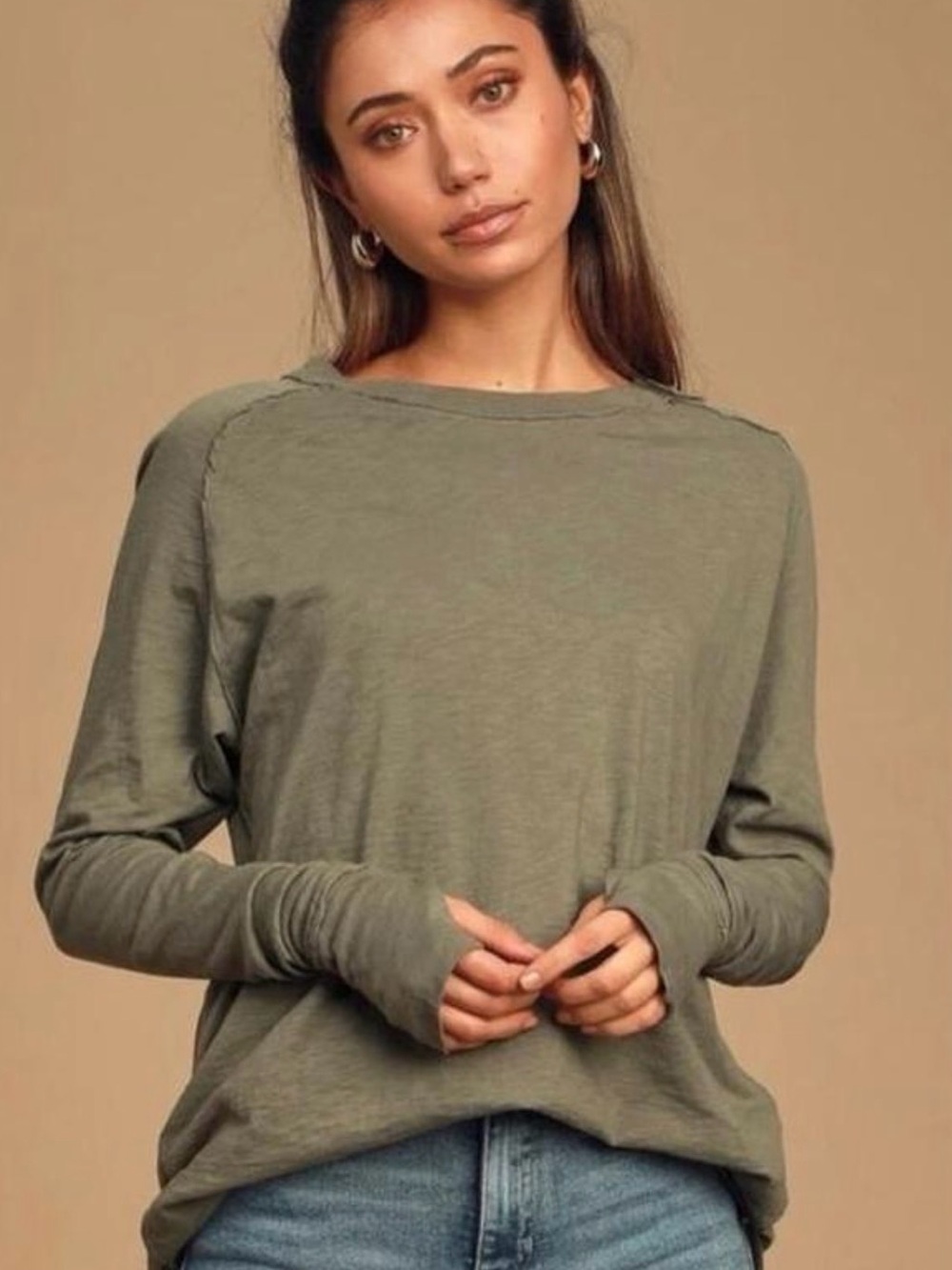 We The Free Arden Thumb holes Relaxed Olive Long-Sleeve Top